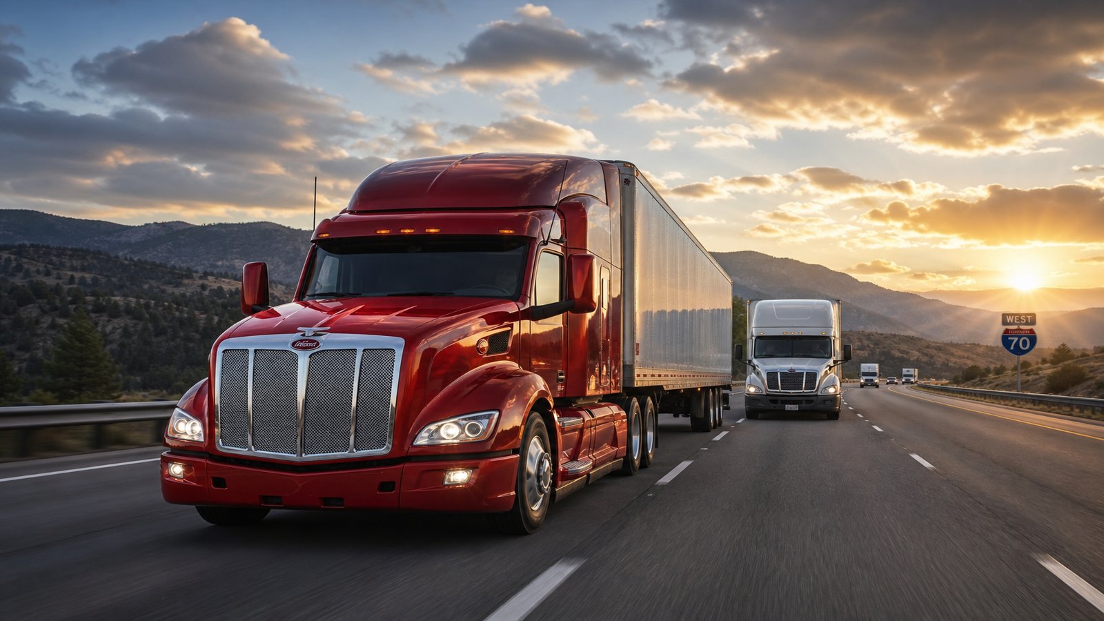 American semi trucks transporting freight on a U.S. highway